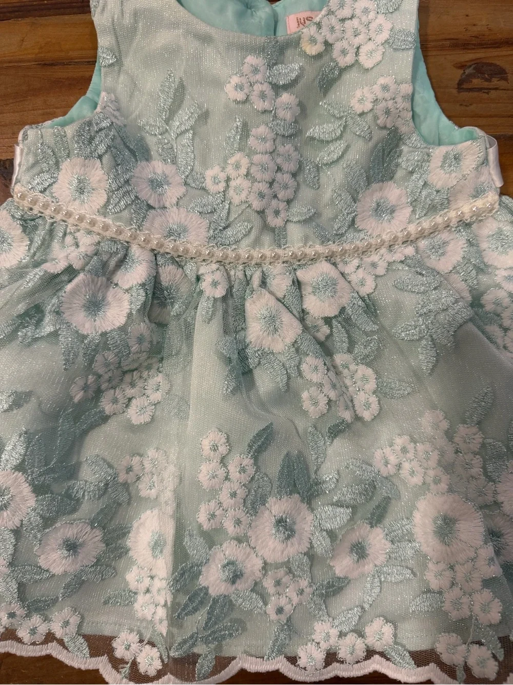 Just Lizzy Mint Green Embroidered Floral Lace Pearl Baby Dress 3/6M